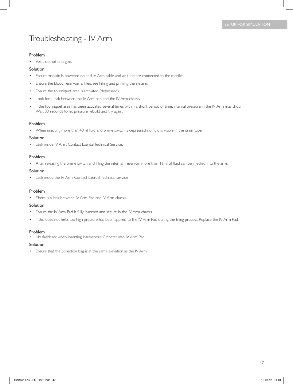 Troubleshooting - iv arm | Laerdal SimMan Essential User Manual | Page 47 / 84