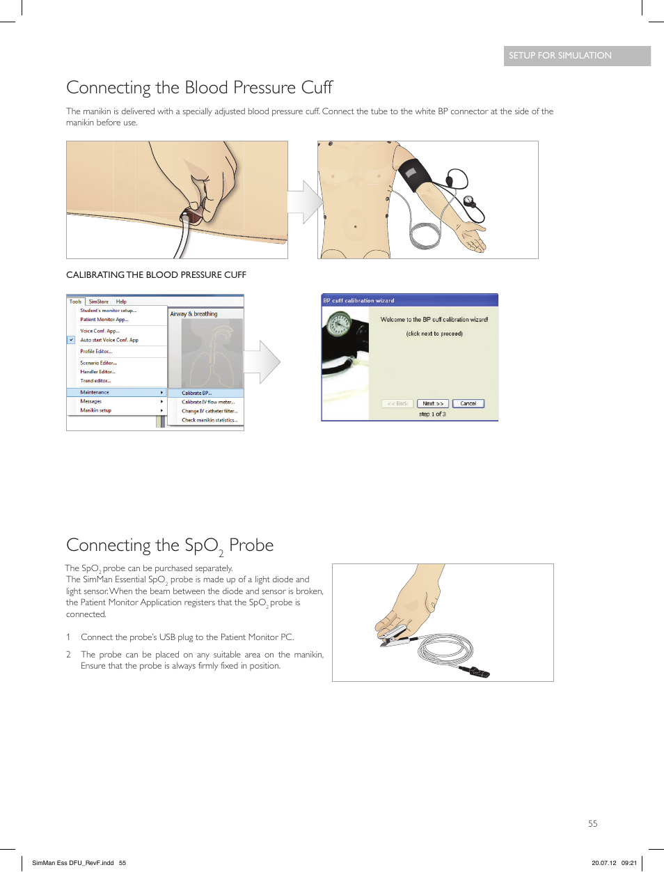 Connecting the blood pressure cuff, Connecting the spo, Probe | Laerdal SimMan Essential User Manual | Page 55 / 84
