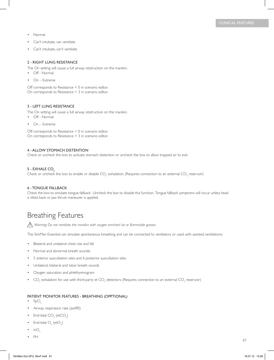 Breathing features | Laerdal SimMan Essential User Manual | Page 61 / 84