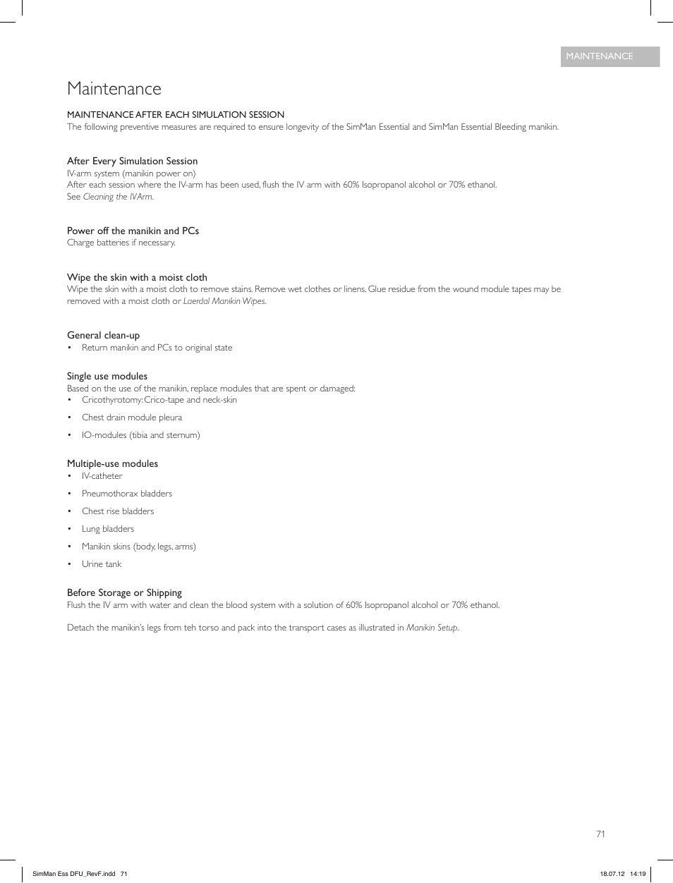 Maintenance | Laerdal SimMan Essential User Manual | Page 71 / 84