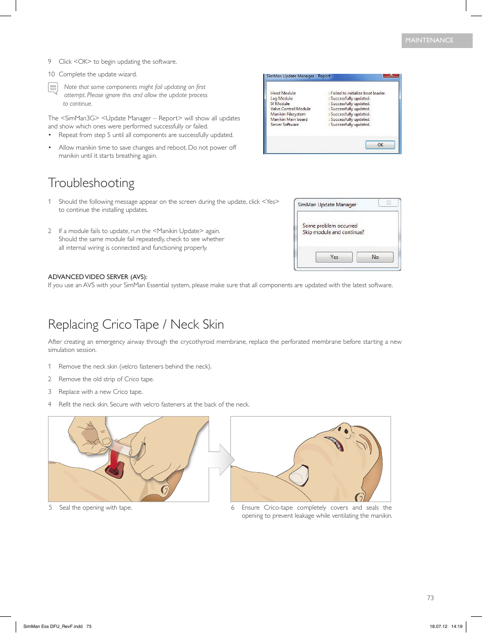 Troubleshooting, Replacing crico tape / neck skin | Laerdal SimMan Essential User Manual | Page 73 / 84