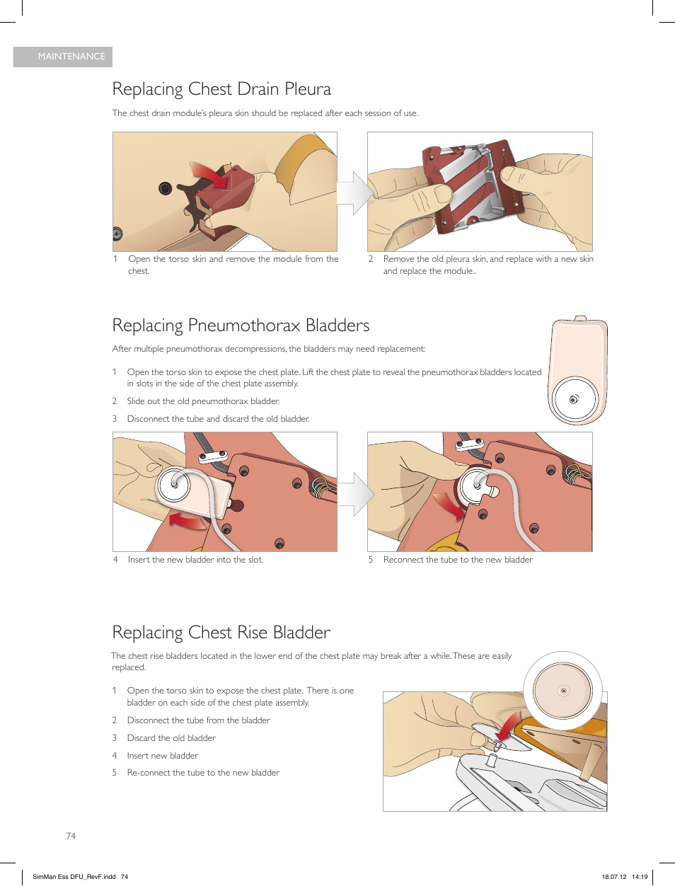 Replacing chest drain pleura, Replacing pneumothorax bladders, Replacing chest rise bladder | Laerdal SimMan Essential User Manual | Page 74 / 84