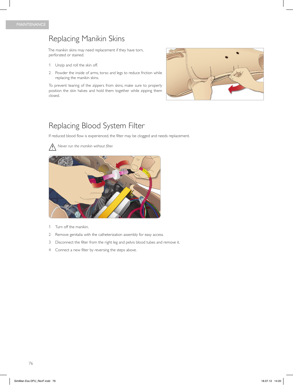 Replacing manikin skins, Replacing blood system filter | Laerdal SimMan Essential User Manual | Page 76 / 84