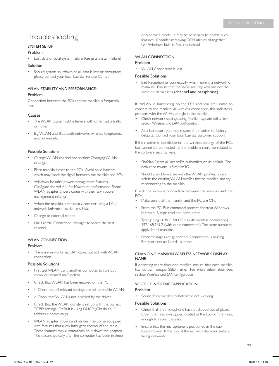 Troubleshooting | Laerdal SimMan Essential User Manual | Page 77 / 84