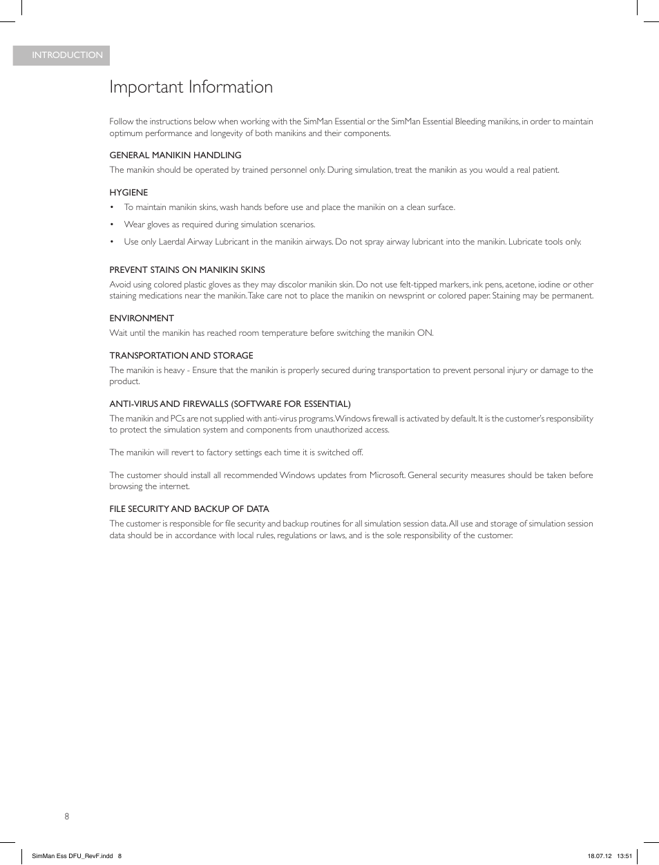 Important information | Laerdal SimMan Essential User Manual | Page 8 / 84