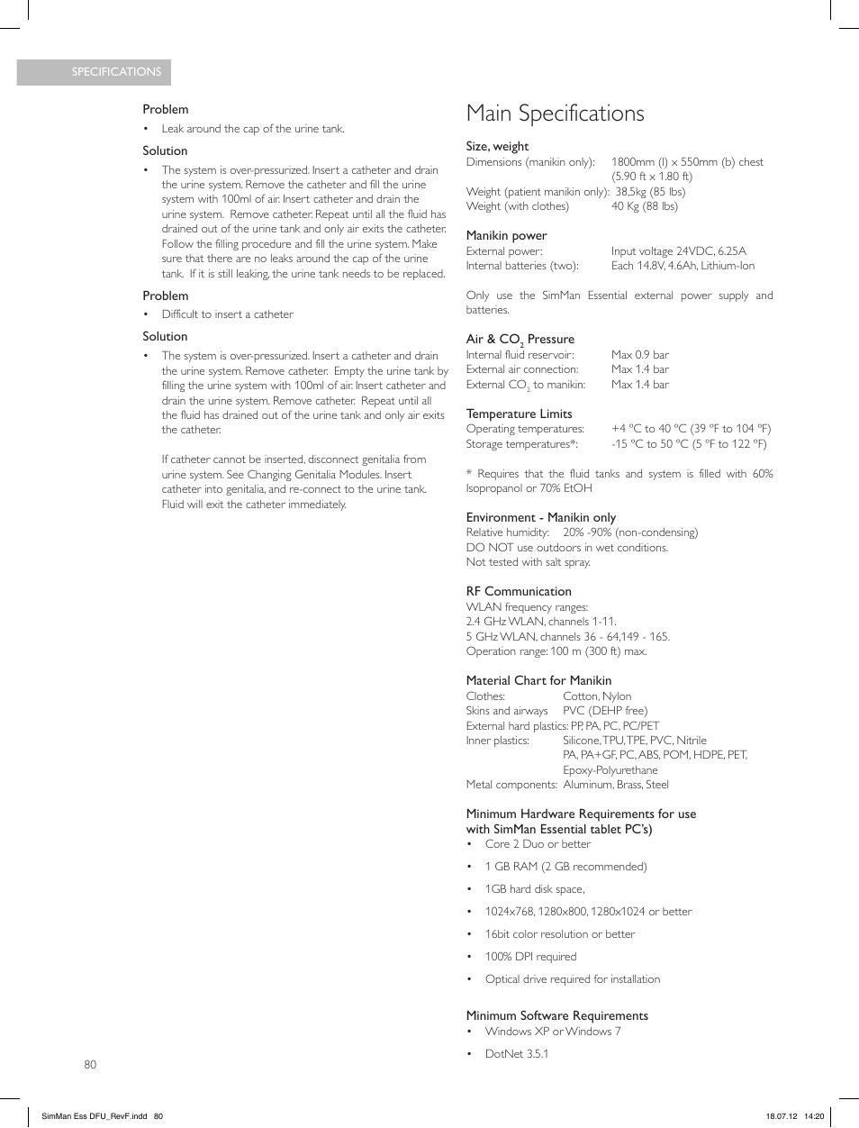 Main specifications | Laerdal SimMan Essential User Manual | Page 80 / 84
