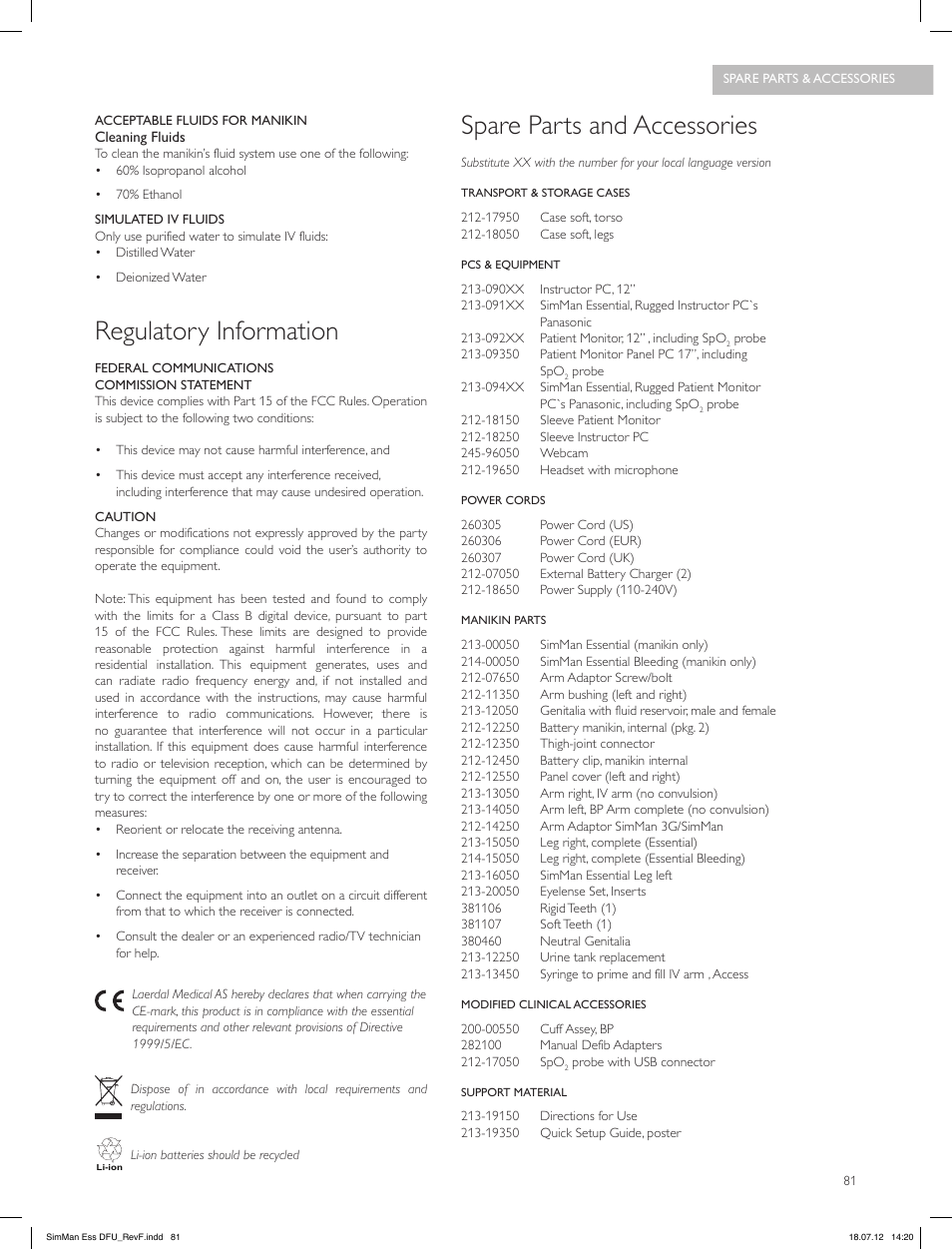 Regulatory information, Spare parts and accessories | Laerdal SimMan Essential User Manual | Page 81 / 84