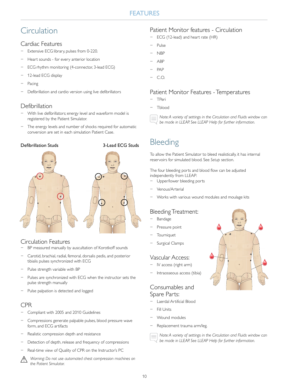 Circulation, Bleeding, Features | Cardiac features, Defibrillation, Circulation features, Patient monitor features - circulation, Patient monitor features - temperatures, Bleeding treatment, Vascular access | Laerdal SimMan Essential Bleeding User Manual | Page 10 / 46