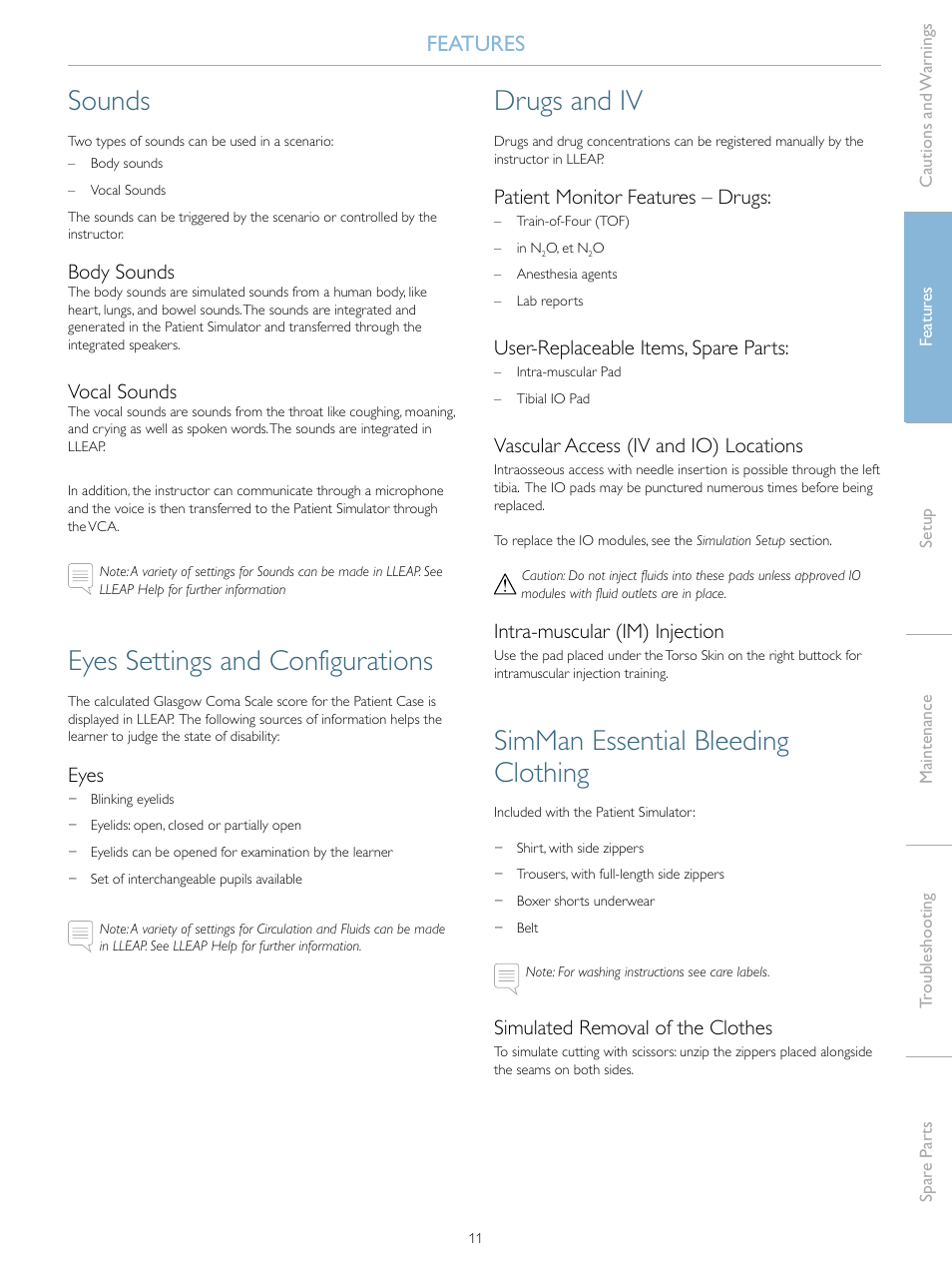 Sounds, Eyes settings and configurations, Drugs and iv | Simman essential bleeding clothing, Features, Body sounds, Vocal sounds, Eyes, Patient monitor features – drugs, User-replaceable items, spare parts | Laerdal SimMan Essential Bleeding User Manual | Page 11 / 46