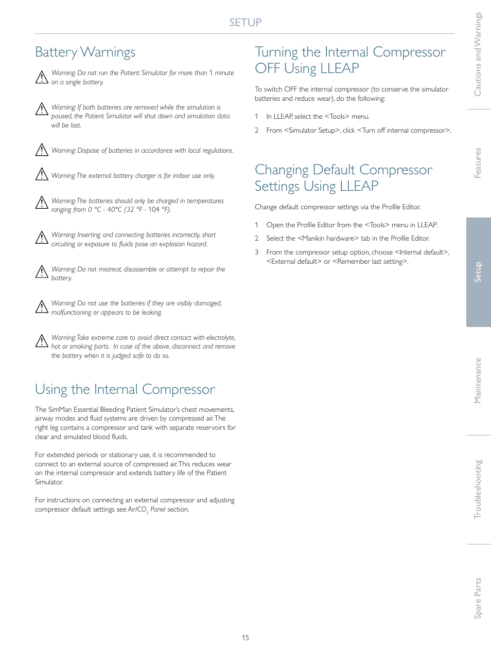Battery warnings, Using the internal compressor, Turning the internal compressor off using lleap | Changing default compressor settings using lleap, Setup | Laerdal SimMan Essential Bleeding User Manual | Page 15 / 46