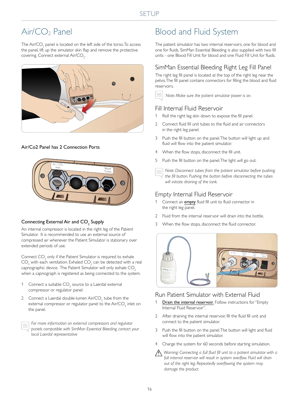 Air/co, Panel, Blood and fluid system | Setup, Simman essential bleeding right leg fill panel, Fill internal fluid reservoir, Empty internal fluid reservoir, Run patient simulator with external fluid, Air/co2 panel has 2 connection ports, Connecting external air and co | Laerdal SimMan Essential Bleeding User Manual | Page 16 / 46