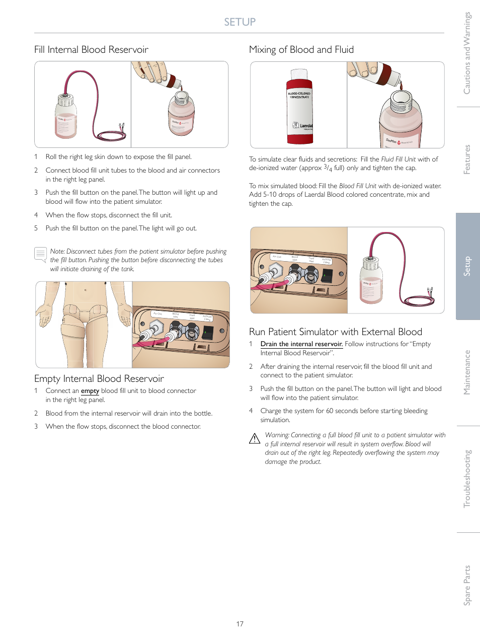 Setup, Fill internal blood reservoir, Empty internal blood reservoir | Mixing of blood and fluid, Run patient simulator with external blood | Laerdal SimMan Essential Bleeding User Manual | Page 17 / 46