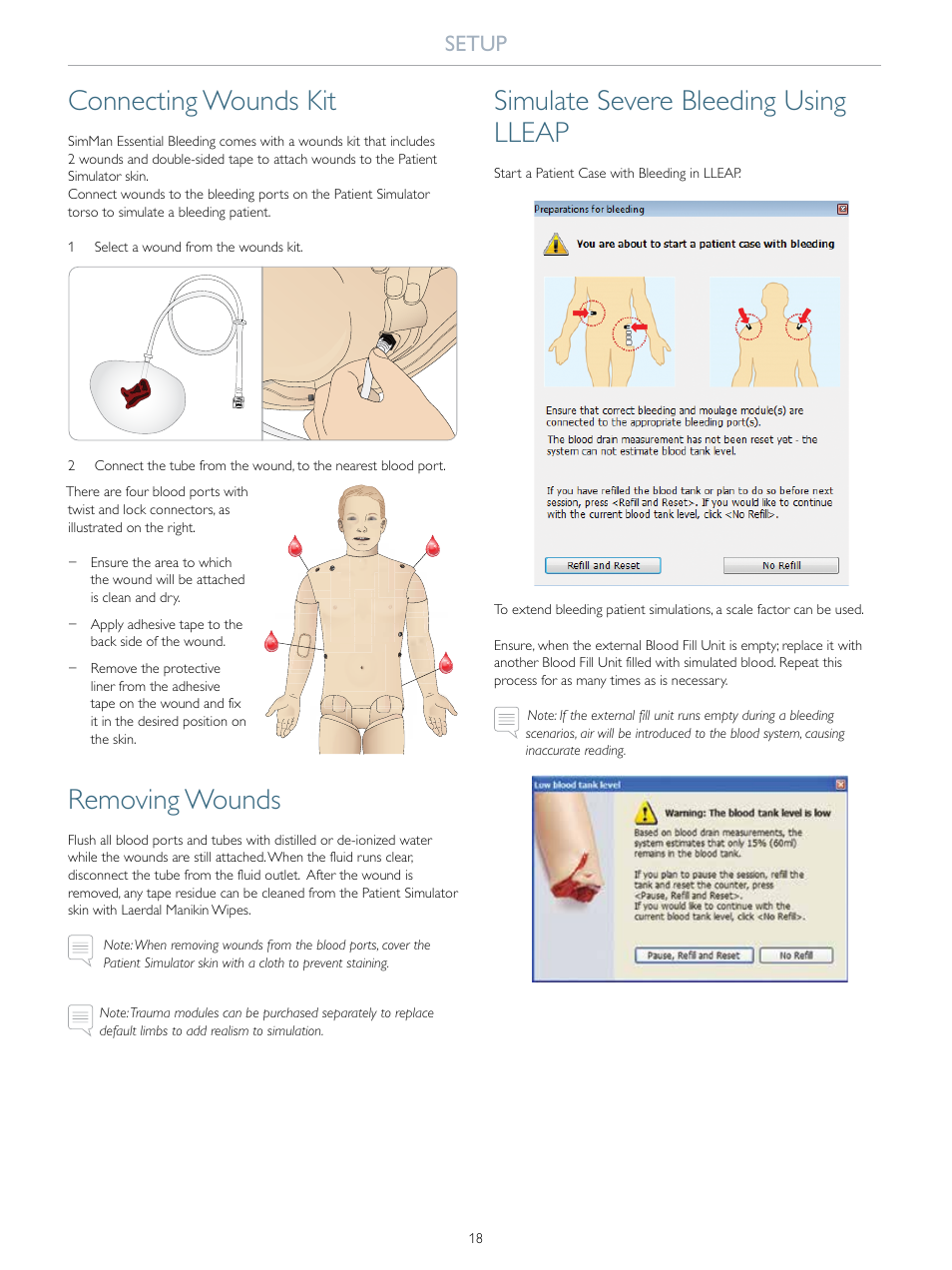 Connecting wounds kit, Removing wounds, Simulate severe bleeding using lleap | Setup | Laerdal SimMan Essential Bleeding User Manual | Page 18 / 46