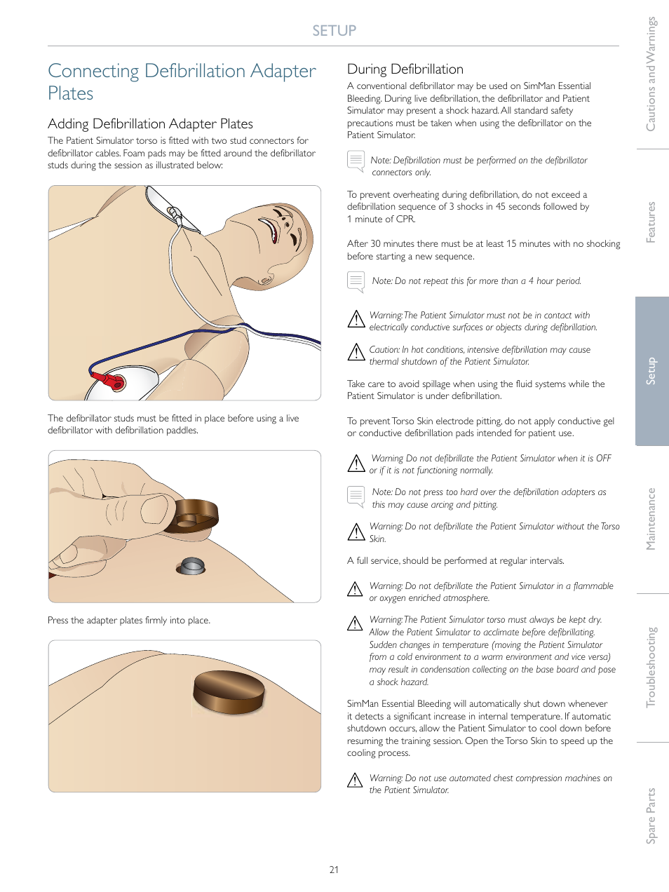 Connecting defibrillation adapter plates, Setup, Adding defibrillation adapter plates | During defibrillation | Laerdal SimMan Essential Bleeding User Manual | Page 21 / 46