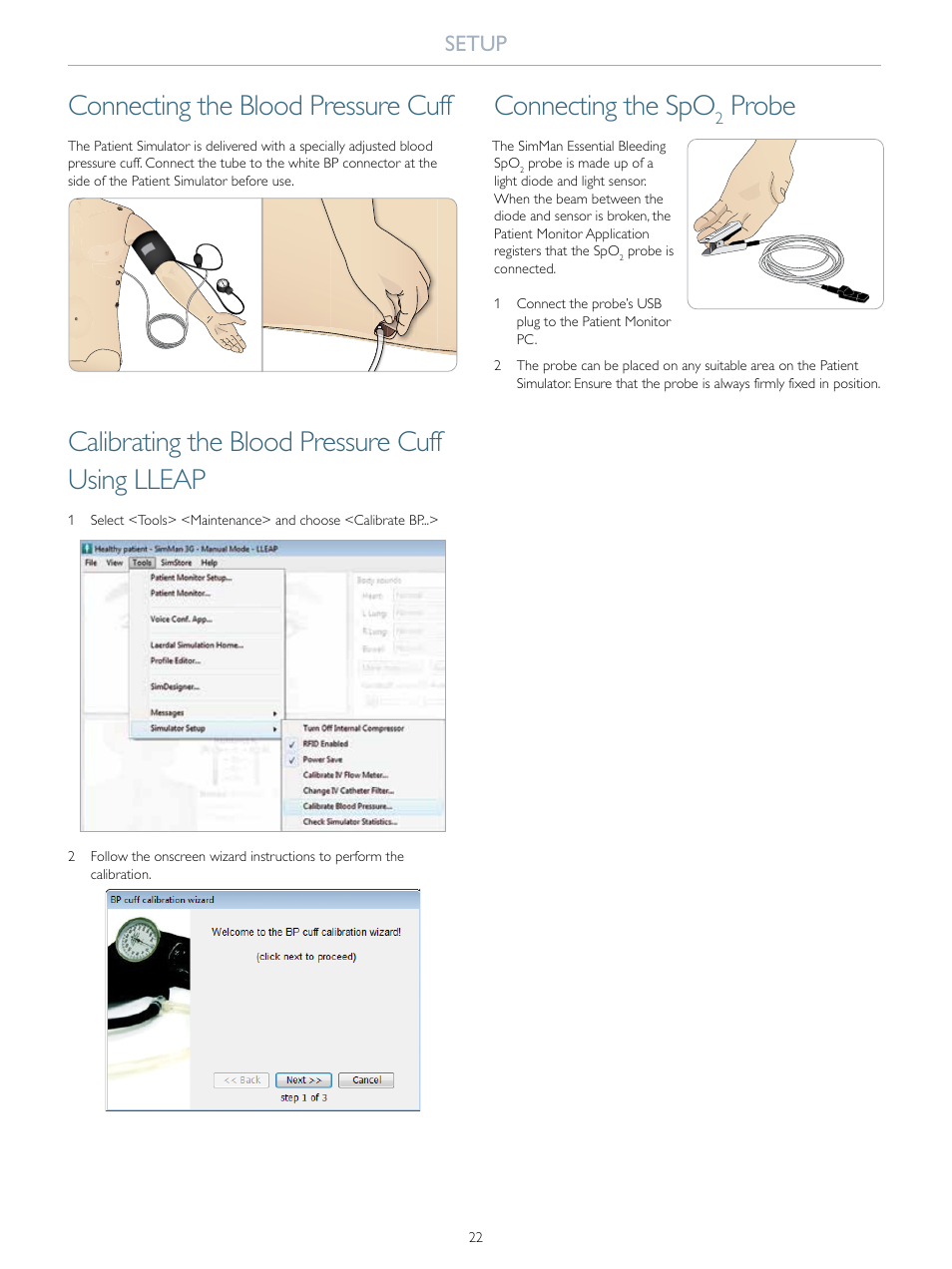 Connecting the blood pressure cuff, Calibrating the blood pressure cuff using lleap, Connecting the spo | Probe, Setup | Laerdal SimMan Essential Bleeding User Manual | Page 22 / 46