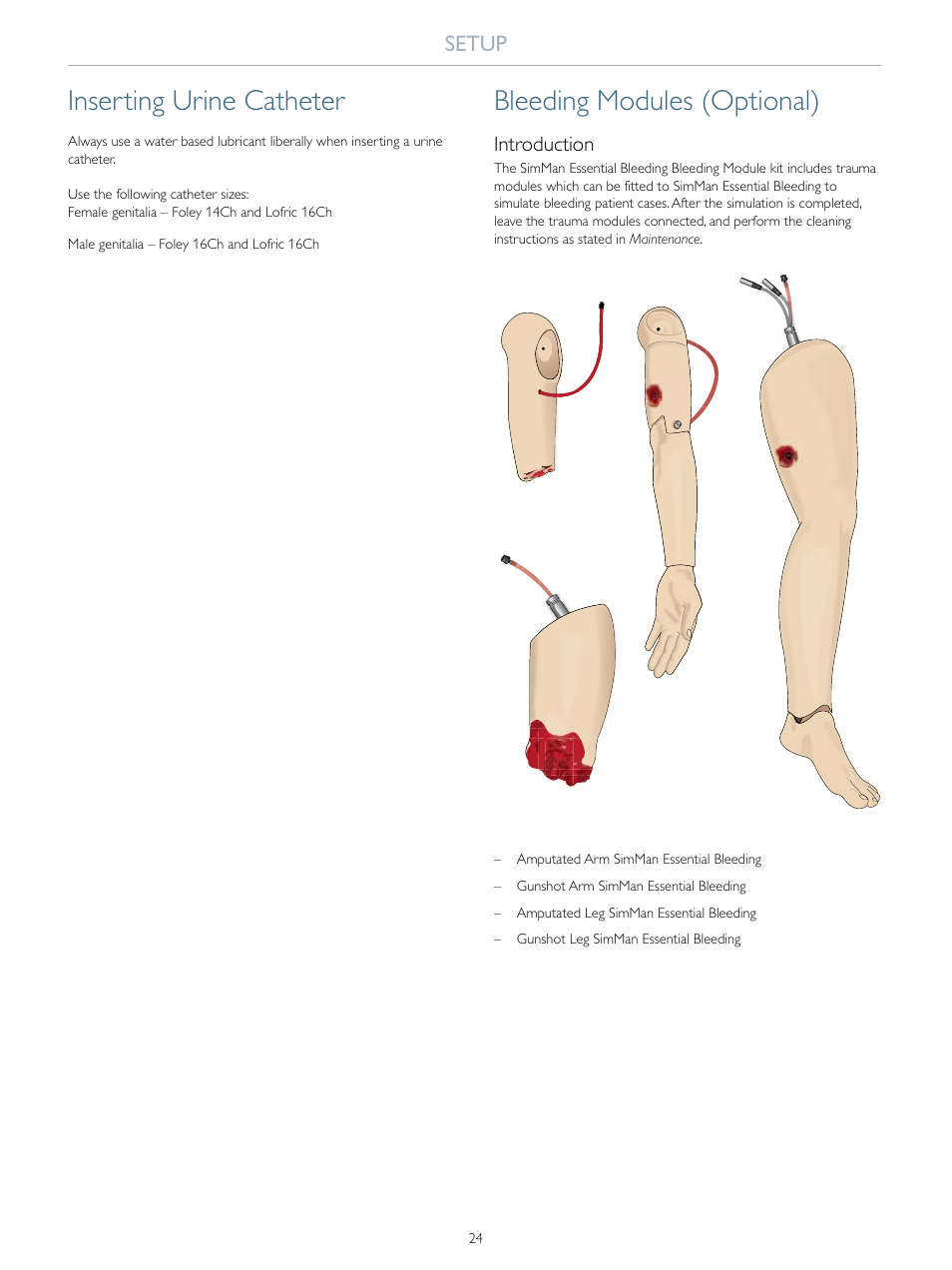 Inserting urine catheter, Bleeding modules (optional), Setup | Laerdal SimMan Essential Bleeding User Manual | Page 24 / 46