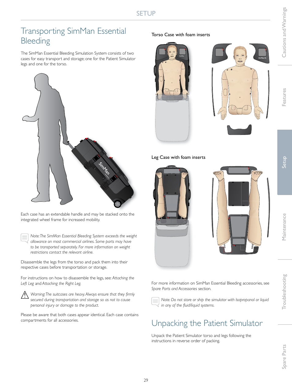 Transporting simman essential bleeding, Unpacking the patient simulator, Setup | Laerdal SimMan Essential Bleeding User Manual | Page 29 / 46