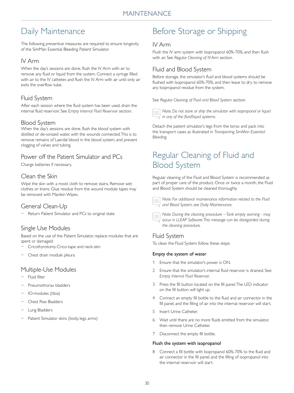 Daily maintenance, Before storage or shipping, Regular cleaning of fluid and blood system | Maintenance, Iv arm, Fluid system, Blood system, Power off the patient simulator and pcs, Clean the skin, General clean-up | Laerdal SimMan Essential Bleeding User Manual | Page 30 / 46