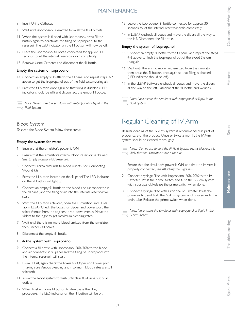 Regular cleaning of iv arm, Maintenance, Blood system | Laerdal SimMan Essential Bleeding User Manual | Page 31 / 46