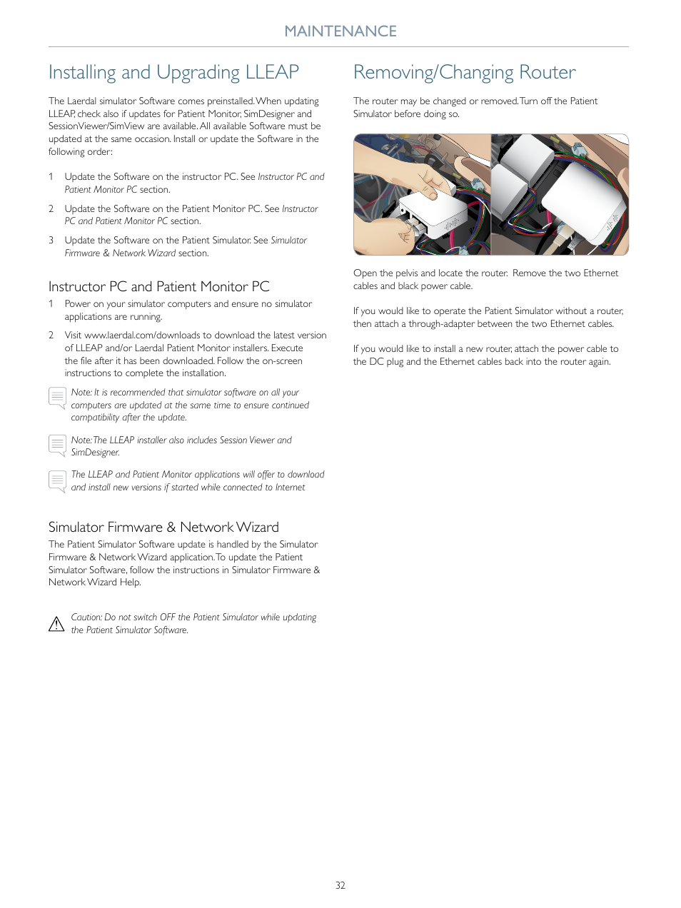 Installing and upgrading lleap, Removing/changing router, Maintenance | Instructor pc and patient monitor pc, Simulator firmware & network wizard | Laerdal SimMan Essential Bleeding User Manual | Page 32 / 46