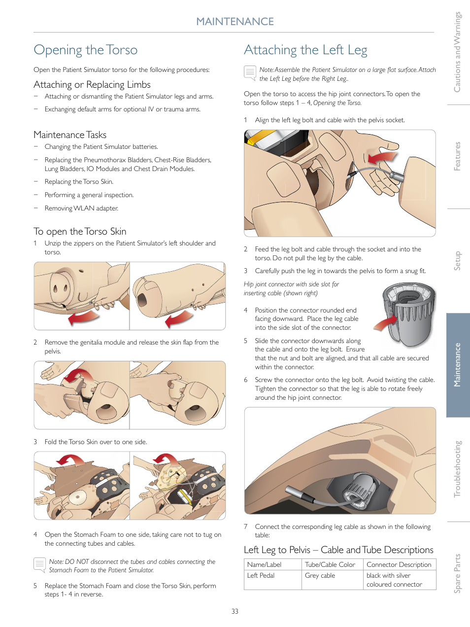 Opening the torso, Attaching the left leg, Maintenance | Attaching or replacing limbs, Maintenance tasks, Left leg to pelvis – cable and tube descriptions | Laerdal SimMan Essential Bleeding User Manual | Page 33 / 46