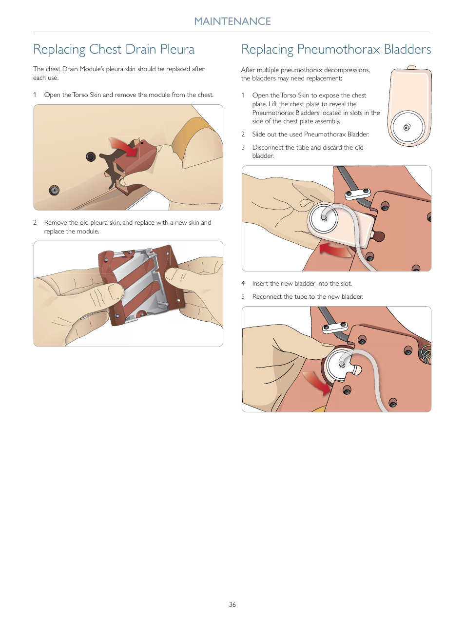 Replacing chest drain pleura, Replacing pneumothorax bladders, Maintenance | Laerdal SimMan Essential Bleeding User Manual | Page 36 / 46