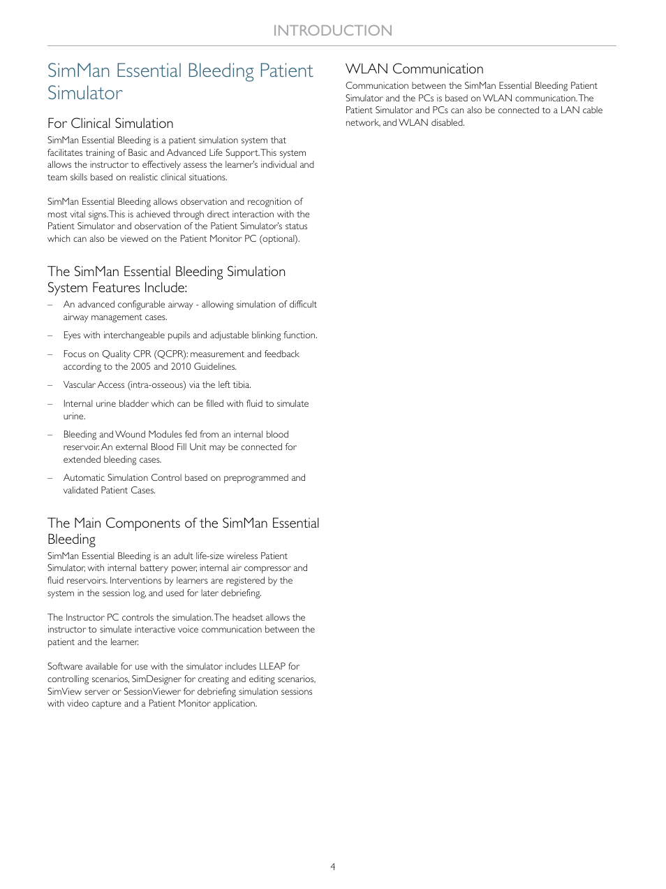 Simman essential bleeding patient simulator, Introduction, For clinical simulation | Wlan communication | Laerdal SimMan Essential Bleeding User Manual | Page 4 / 46