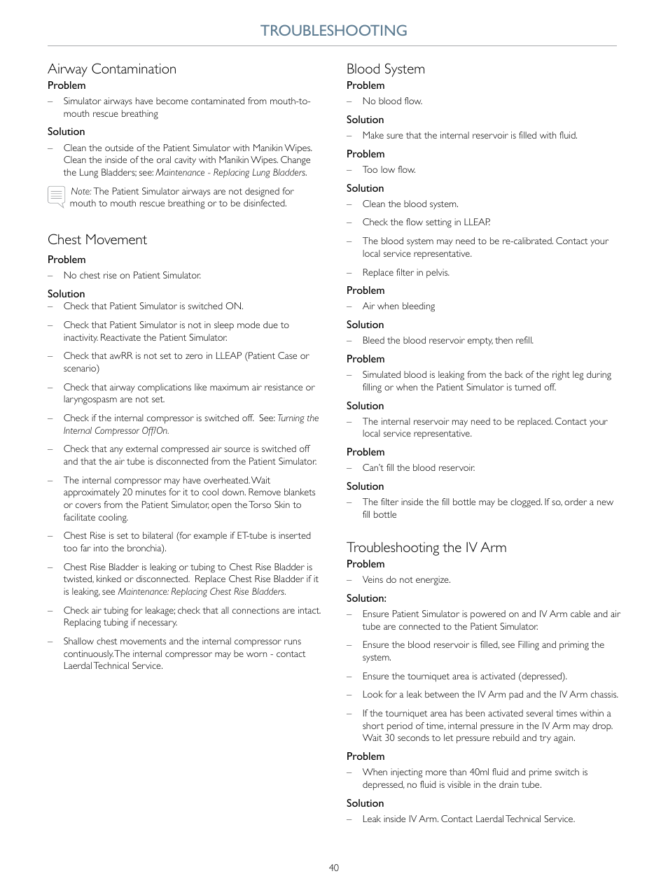 Troubleshooting, Airway contamination, Chest movement | Blood system, Troubleshooting the iv arm | Laerdal SimMan Essential Bleeding User Manual | Page 40 / 46