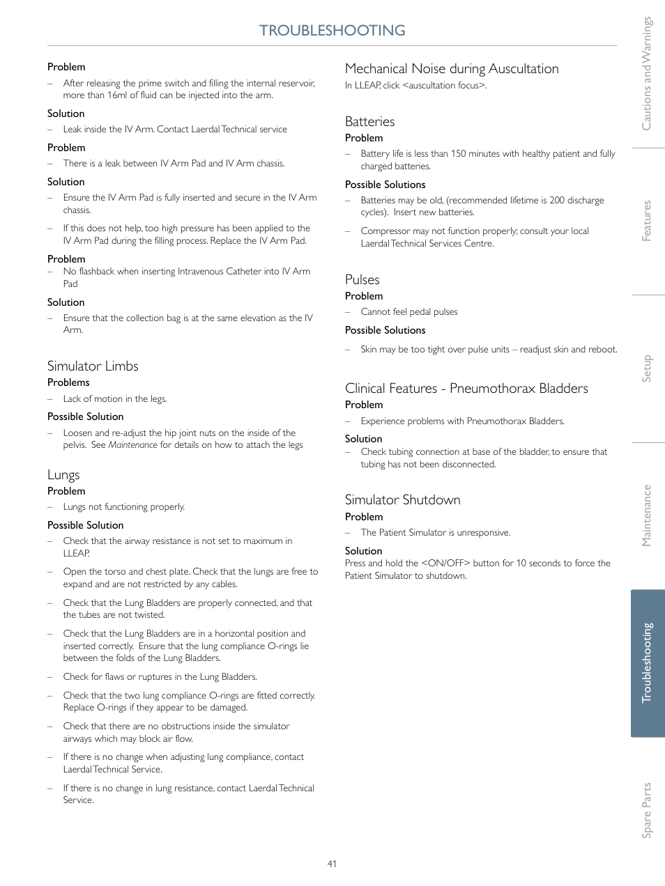 Troubleshooting, Simulator limbs, Lungs | Mechanical noise during auscultation, Batteries, Pulses, Clinical features - pneumothorax bladders, Simulator shutdown | Laerdal SimMan Essential Bleeding User Manual | Page 41 / 46