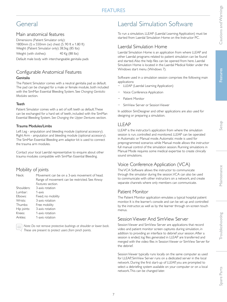 General, Laerdal simulation software, Features | Main anatomical features, Configurable anatomical features, Mobility of joints, Laerdal simulation home, Lleap, Voice conference application (vca), Patient monitor | Laerdal SimMan Essential Bleeding User Manual | Page 7 / 46