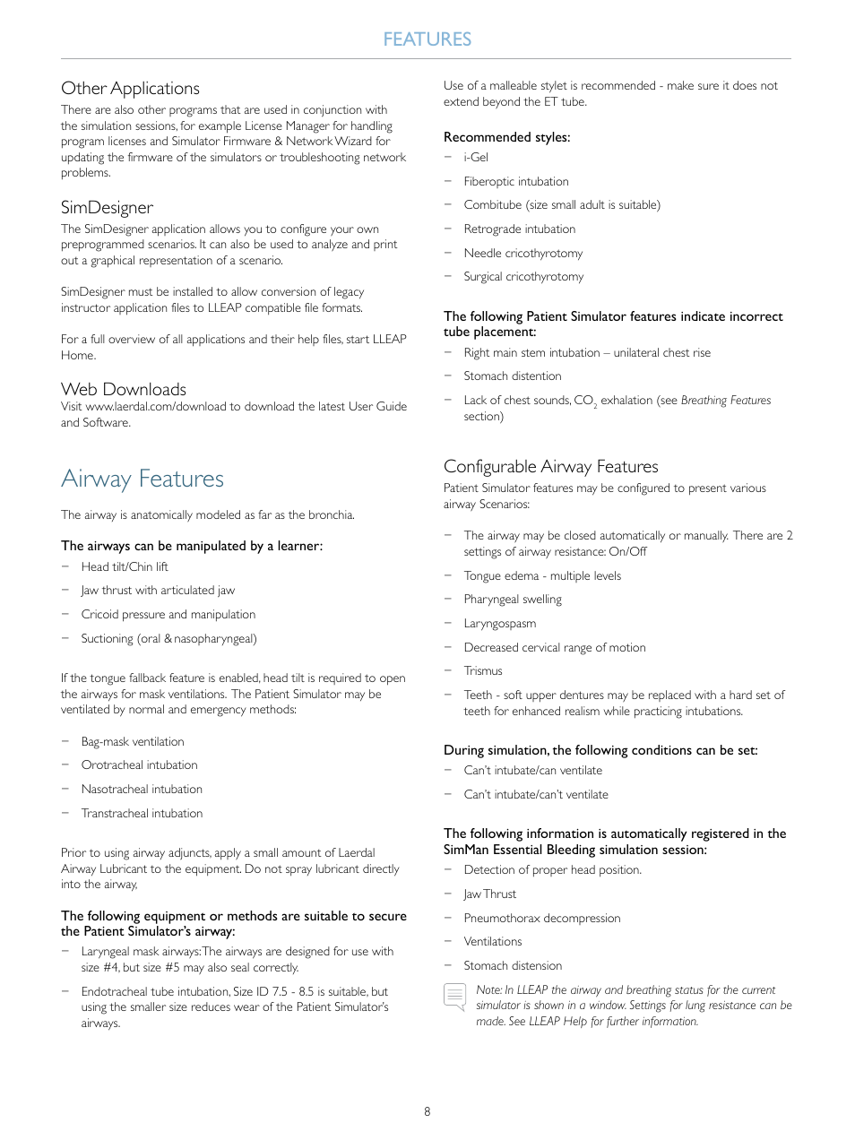 Airway features, Features, Other applications | Simdesigner, Web downloads, Configurable airway features | Laerdal SimMan Essential Bleeding User Manual | Page 8 / 46