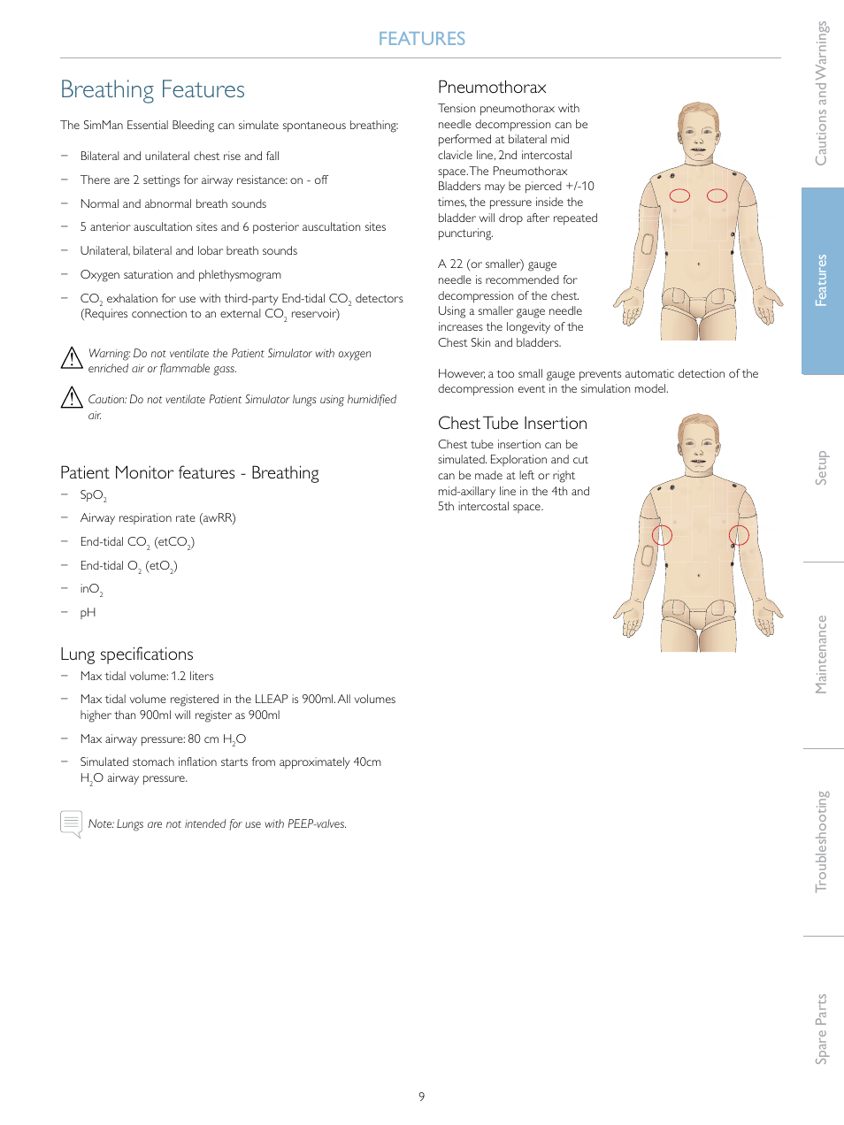 Breathing features, Features, Patient monitor features - breathing | Lung specifications, Pneumothorax, Chest tube insertion | Laerdal SimMan Essential Bleeding User Manual | Page 9 / 46