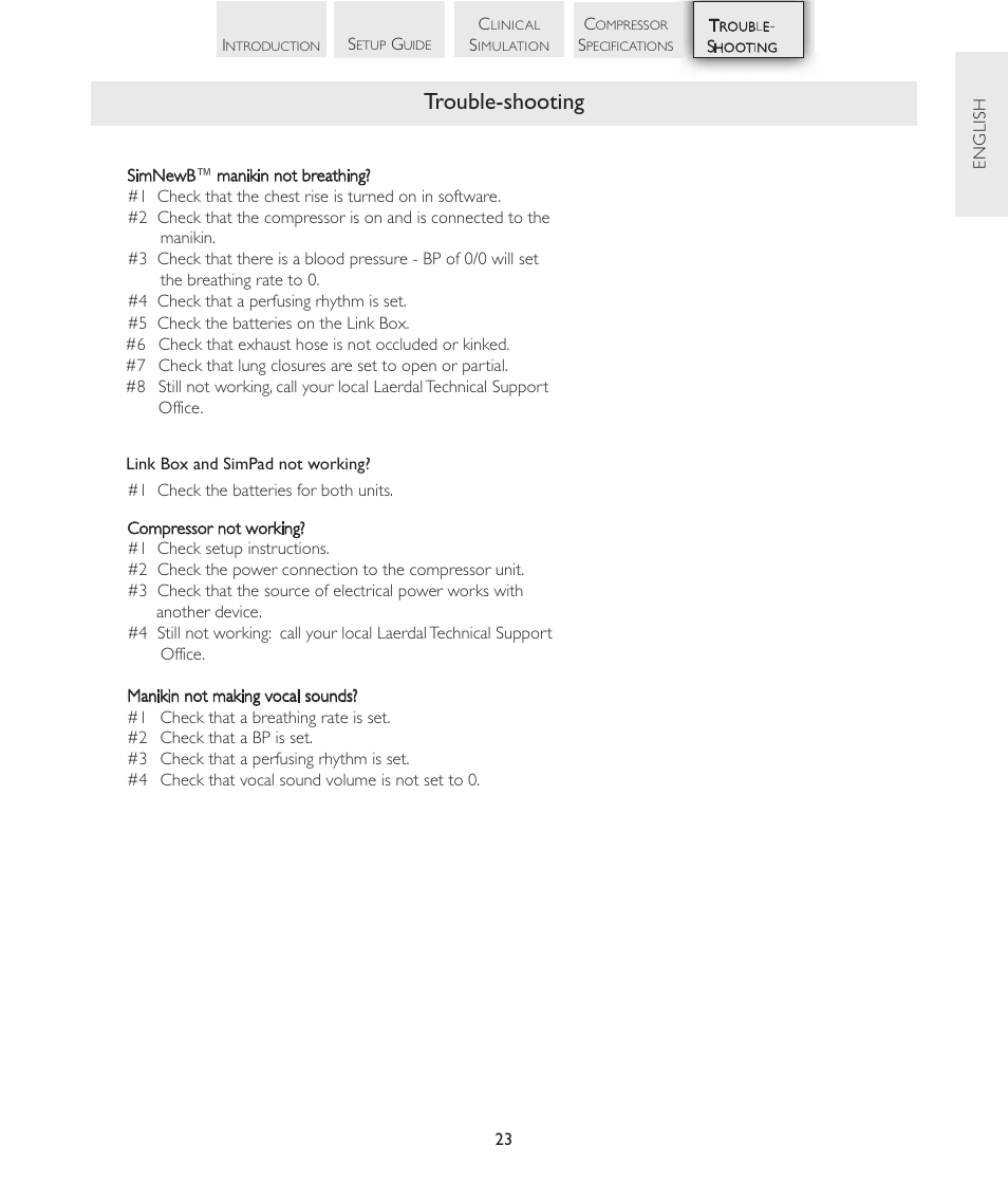 Trouble-shooting | Laerdal SimNewB Advanced User Manual | Page 25 / 28