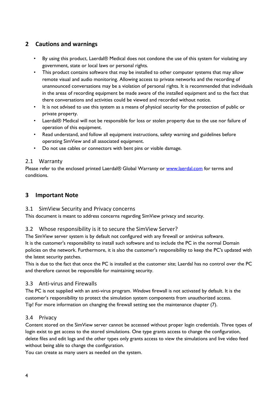 Cautions and warnings, Warranty, Important note | Simview security and privacy concerns, Anti-virus and firewalls, Privacy, 2 cautions and warnings | Laerdal SimView User Manual | Page 4 / 48