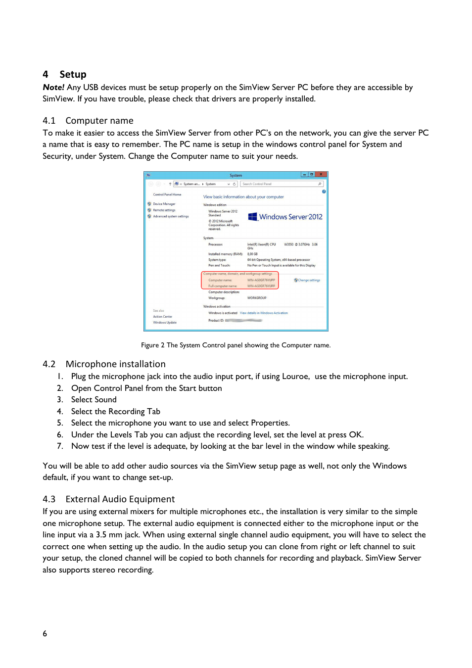 Setup, Computer name, Microphone installation | External audio equipment, 4 setup | Laerdal SimView User Manual | Page 6 / 48
