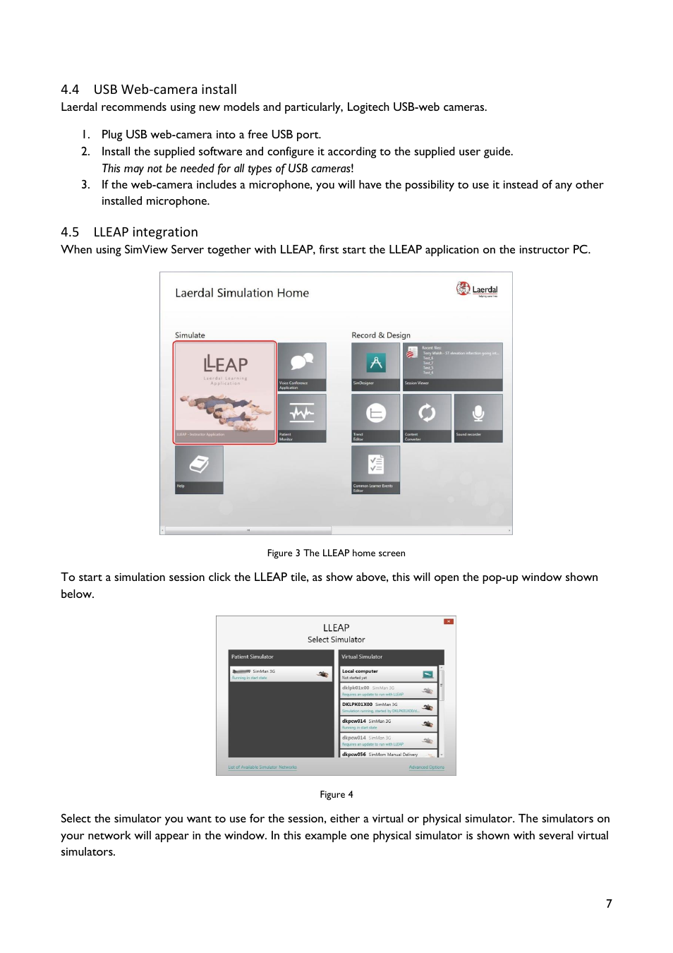 Usb web-camera install, Lleap integration | Laerdal SimView User Manual | Page 7 / 48