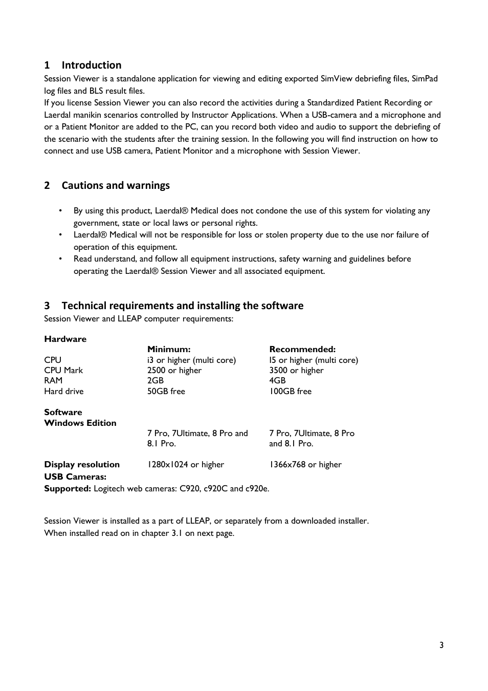 Introduction, Cautions and warnings, Technical requirements and installing the software | 1 introduction, 2 cautions and warnings | Laerdal SimView User Manual | Page 3 / 21