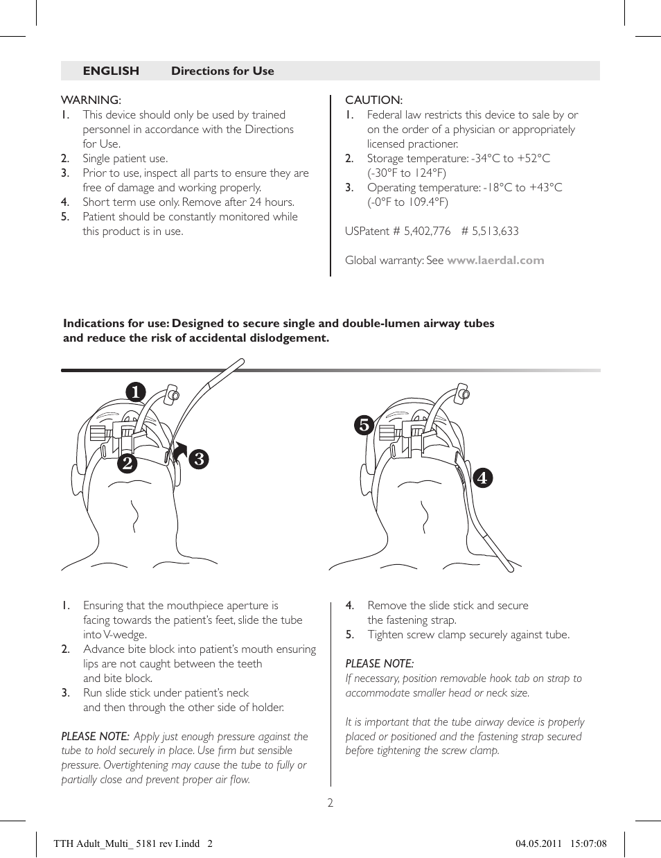 Directions for use, thomas tube holder | Laerdal Thomas Tube Holder User Manual | Page 2 / 20