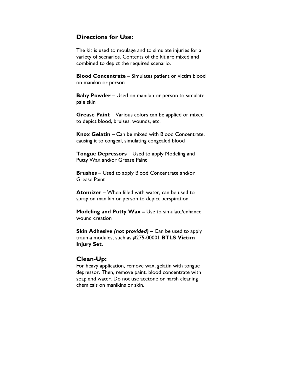 Clean-up, Directions for use | Laerdal Trauma Make-Up User Manual | Page 3 / 4