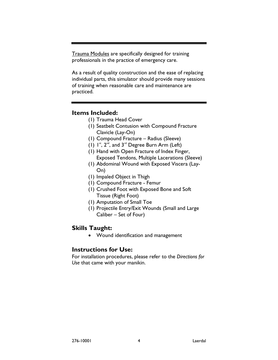 Items included, Skills taught, Instructions for use | Laerdal Trauma Modules User Manual | Page 5 / 9
