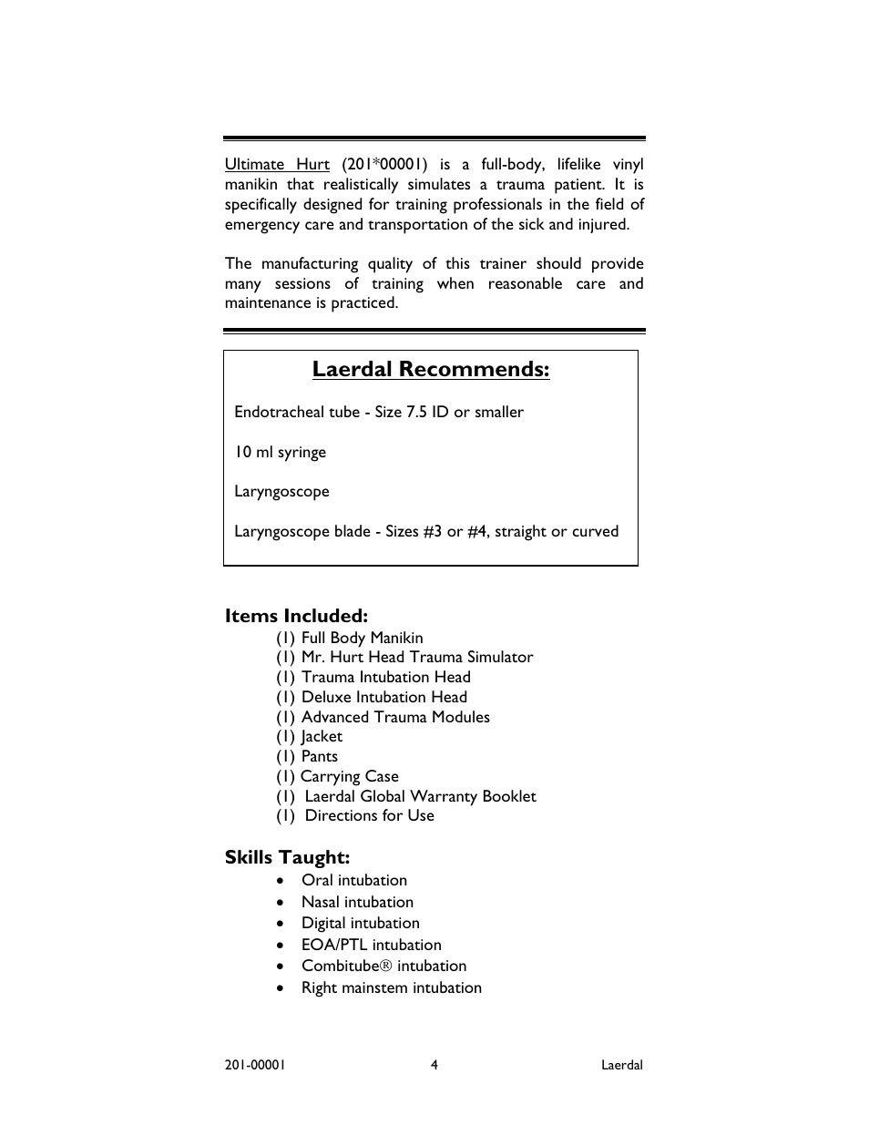 Items included, Laerdal recommends | Laerdal Ultimate Hurt User Manual | Page 4 / 12