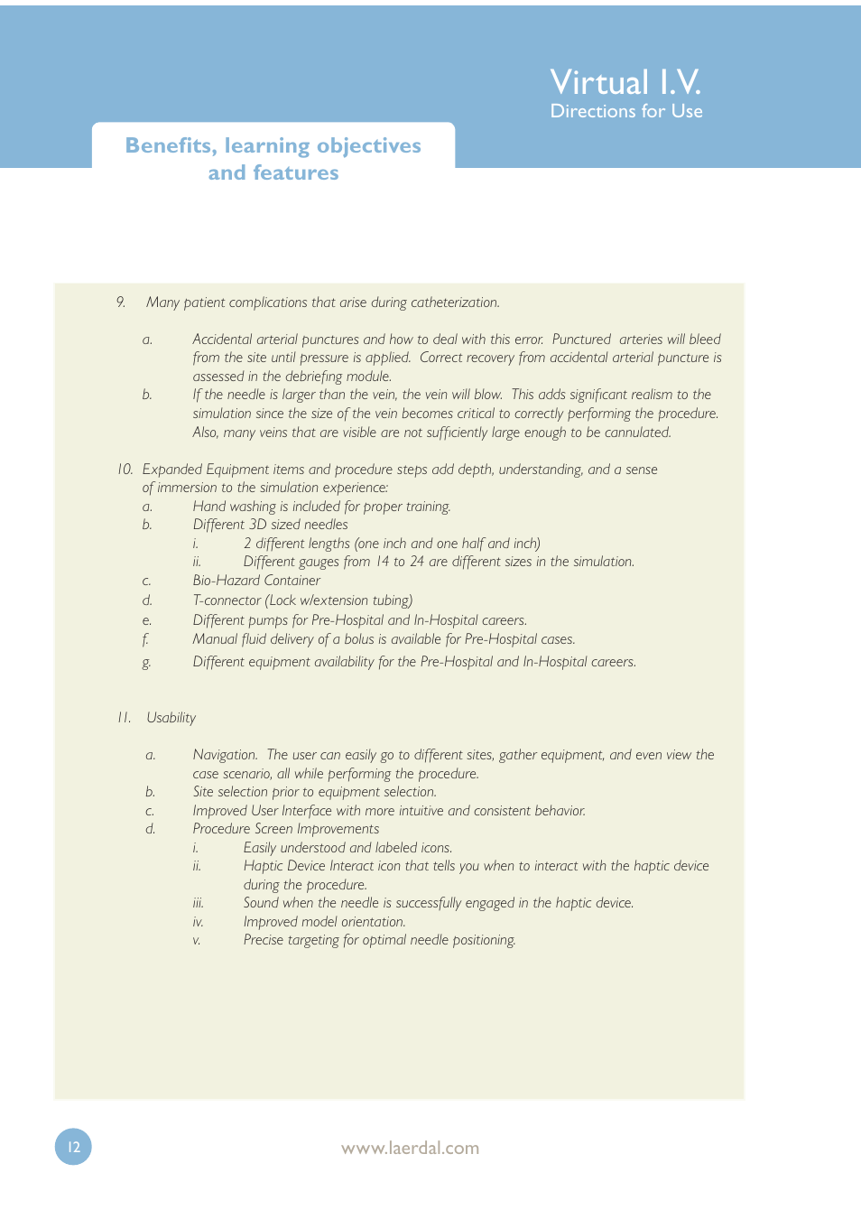 Virtual i.v, Benefits, learning objectives and features, Directions for use | Laerdal Virtual IV User Manual | Page 12 / 103