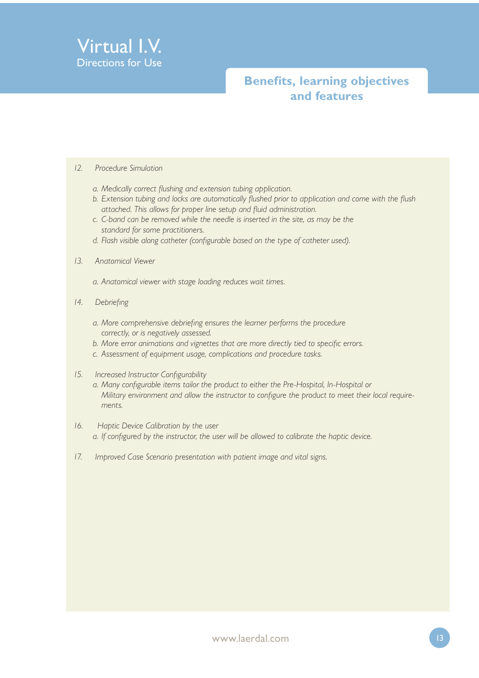 Virtual i.v, Benefits, learning objectives and features, Directions for use | Laerdal Virtual IV User Manual | Page 13 / 103