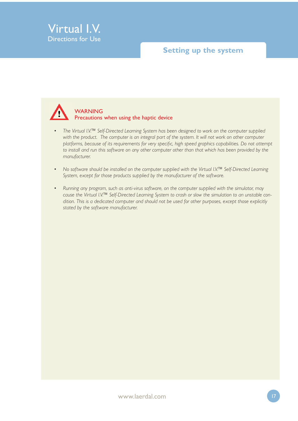 Virtual i.v, Setting up the system | Laerdal Virtual IV User Manual | Page 17 / 103