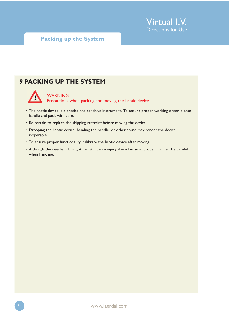 Virtual i.v, Packing up the system, 9 packing up the system | Laerdal Virtual IV User Manual | Page 84 / 103