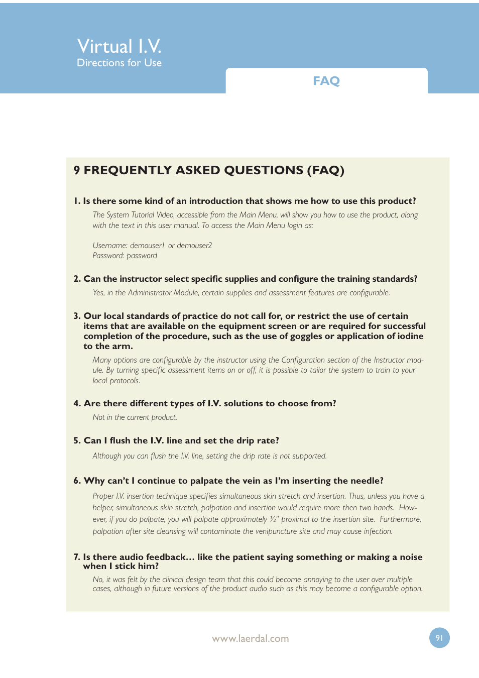 Virtual i.v, 9 frequently asked questions (faq) | Laerdal Virtual IV User Manual | Page 91 / 103