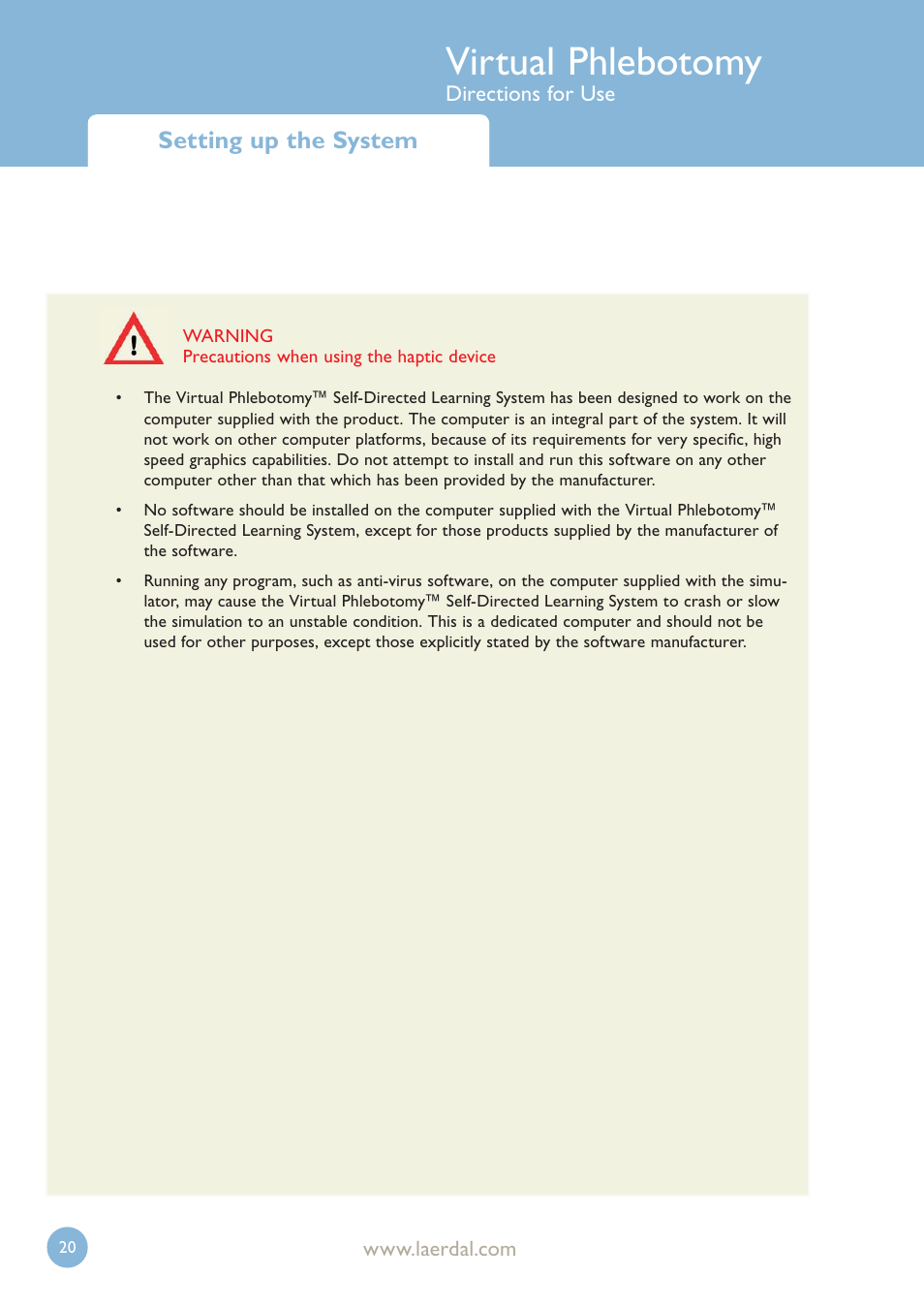 Virtual phlebotomy, Setting up the system | Laerdal Virtual Phlebotomy User Manual | Page 20 / 100