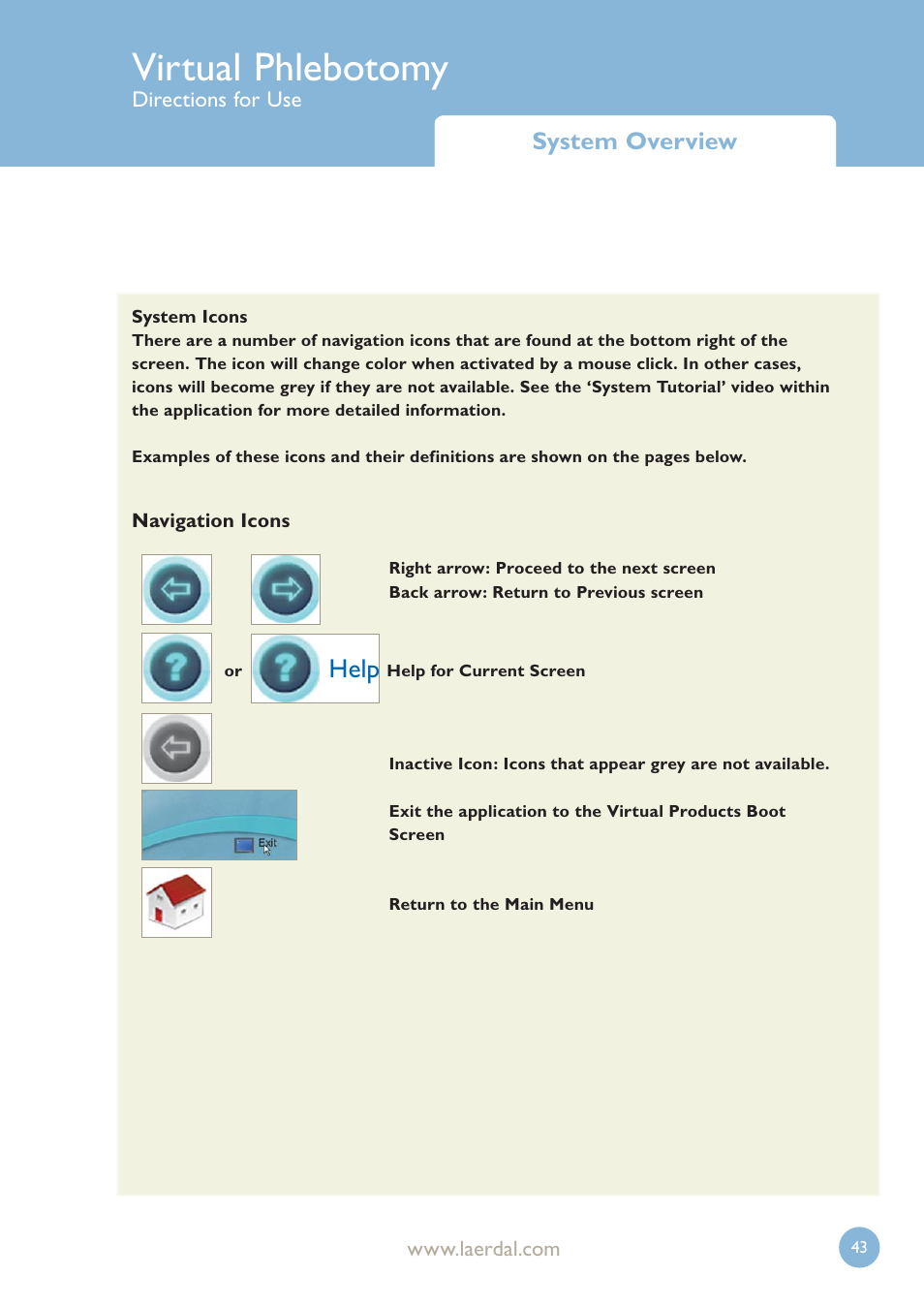 Virtual phlebotomy, Help, System overview | Laerdal Virtual Phlebotomy User Manual | Page 43 / 100