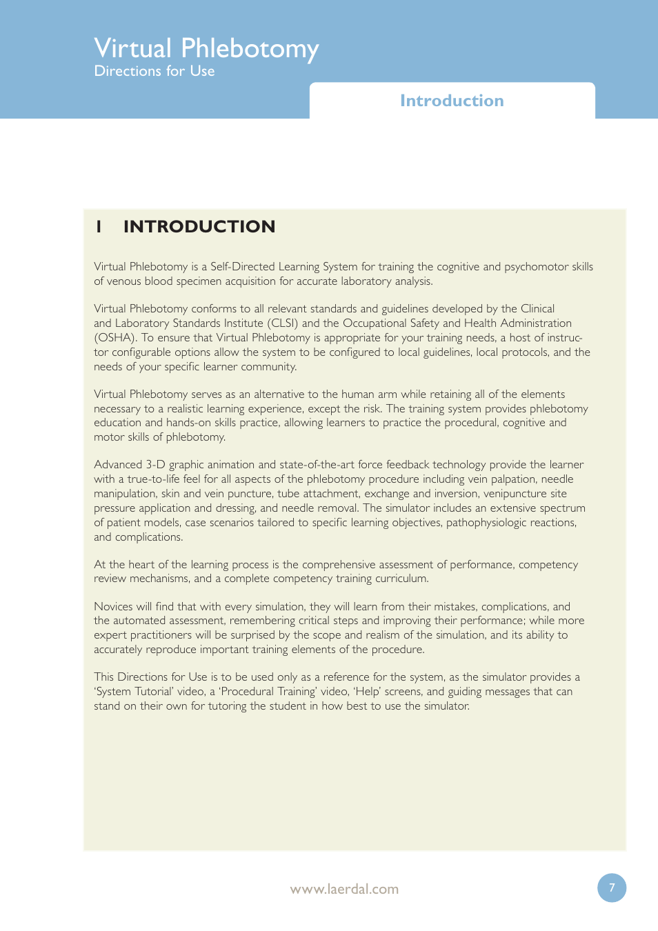 Virtual phlebotomy, 1 introduction, Introduction introduction | Laerdal Virtual Phlebotomy User Manual | Page 7 / 100