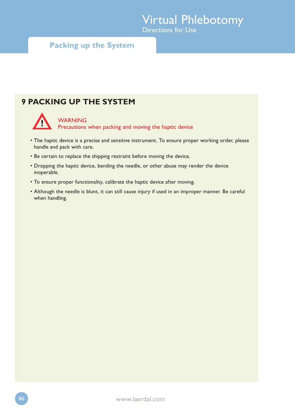 Virtual phlebotomy, Packing up the system, 9 packing up the system | Laerdal Virtual Phlebotomy User Manual | Page 86 / 100